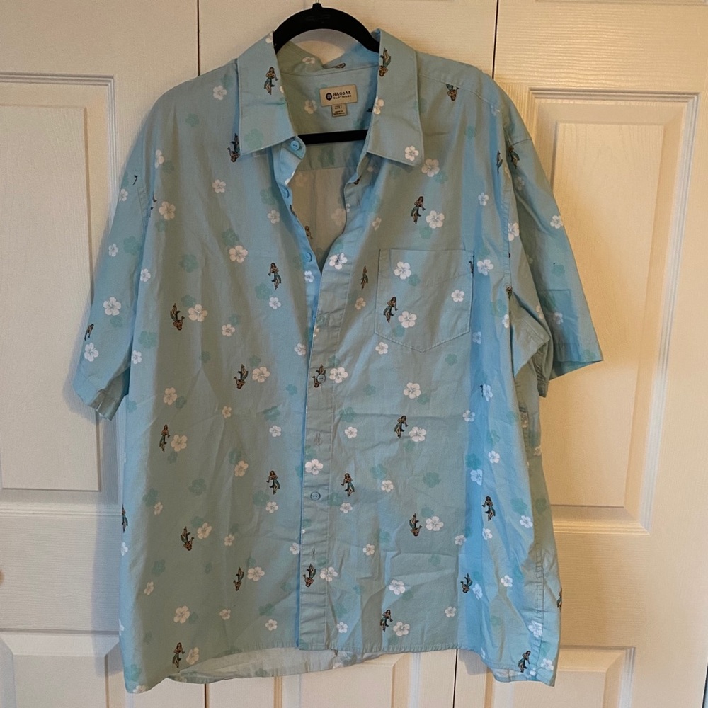 Haggar Clothing Blue Hula Girl Hawaiian Shirt 2XLT